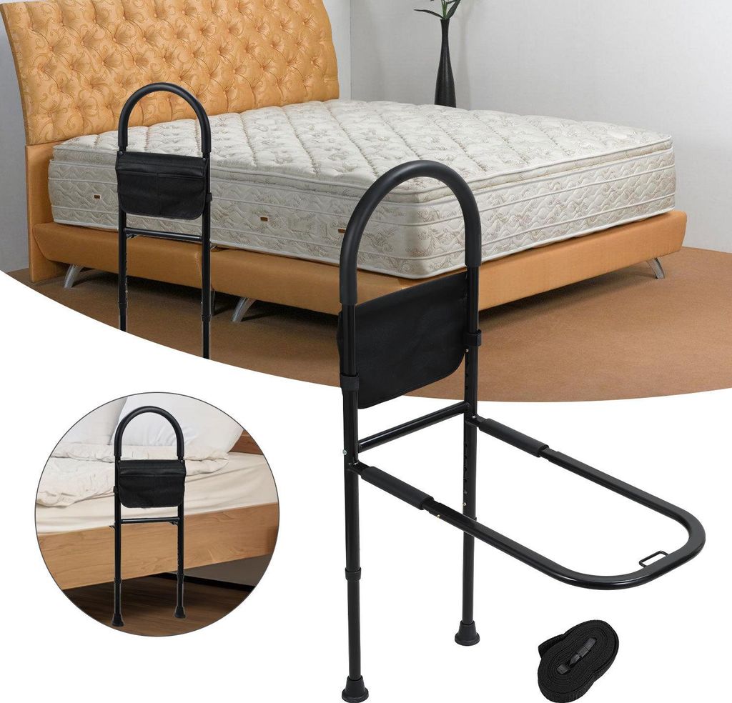 Faziango Höhenverstellbare Aufstehhilfe Bett für Senioren mit Haltegriffen, Anti-Rutsch & Aufbewahrungstasche - Stahlrahmen bis 150kg - Bettgitte...