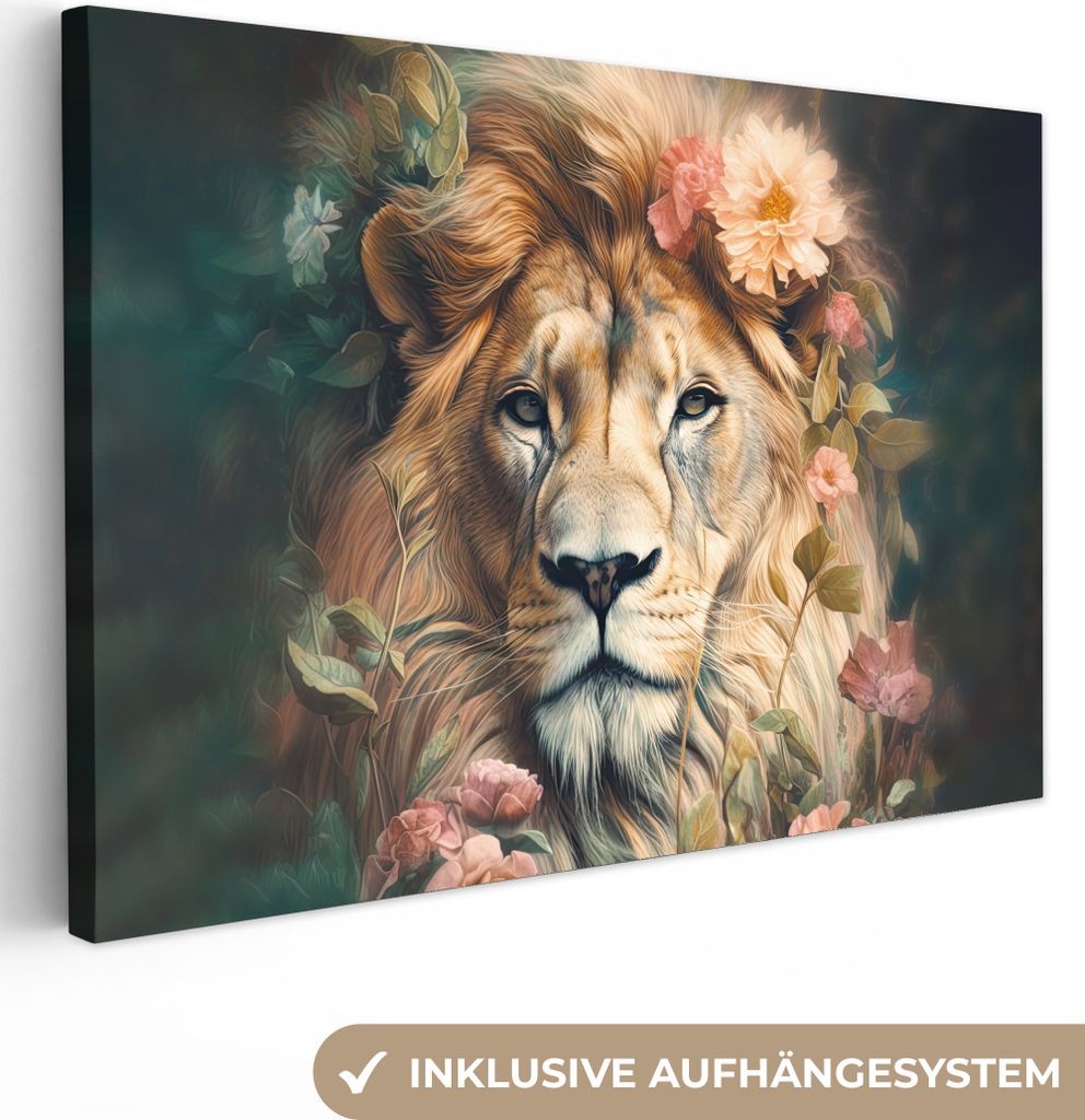 MuchoWow - Leinwandbilder - Löwe - Löwenkopf - Wilde Tiere - Blumen, Wandbild, Wanddeko Bilder Wohnzimmer, 60x40 cm