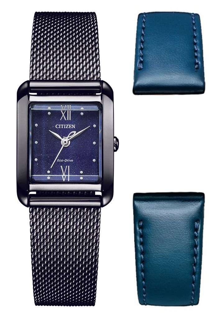 A square-faced women's watch with a mesh band and two blue leather straps, presented on a white background.