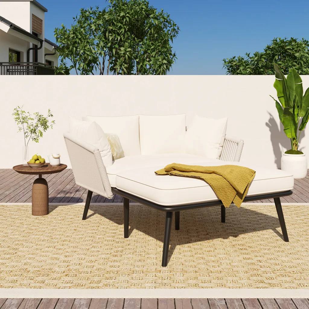 Canapé de jardin avec coussins déhoussables beige, structure robuste
