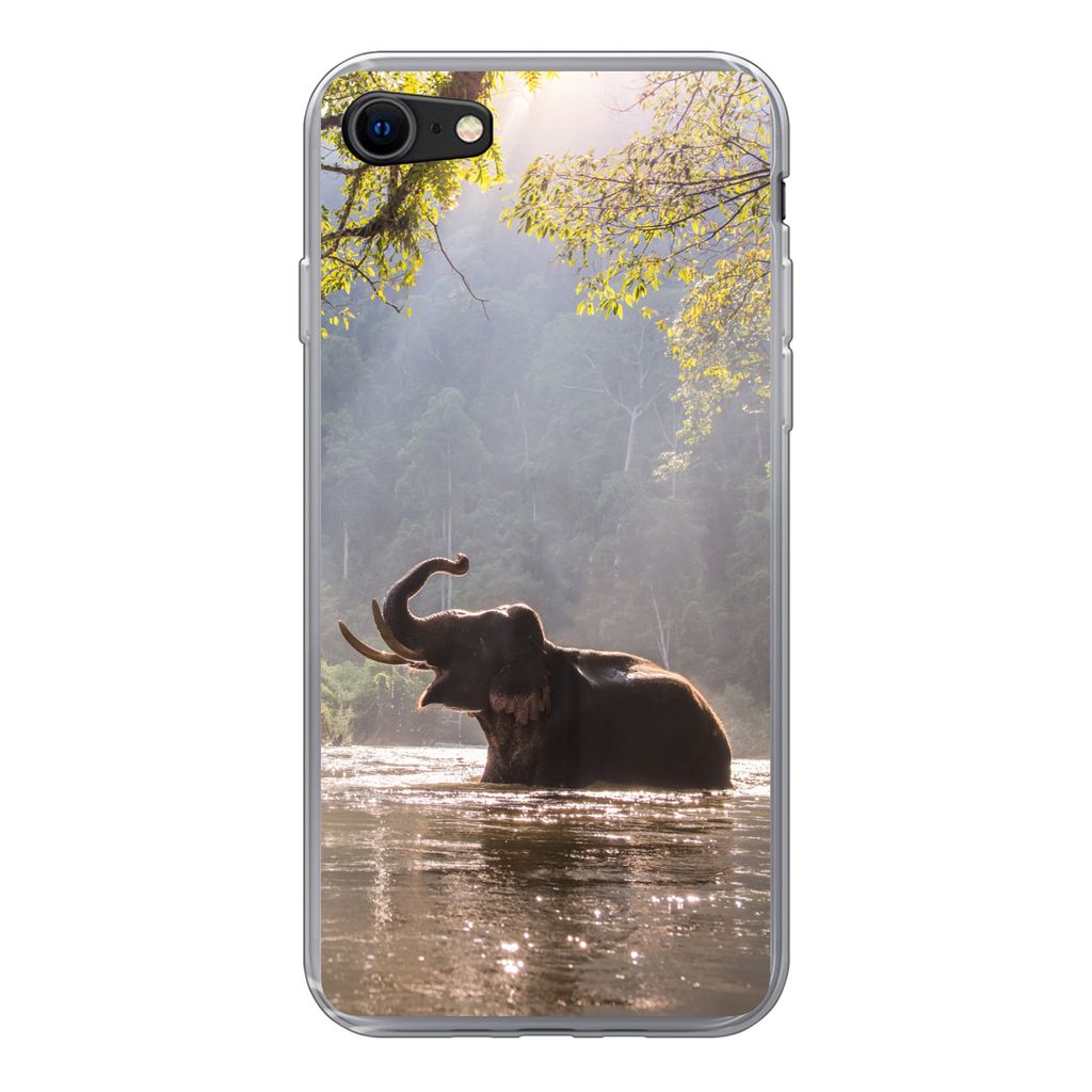 MuchoWow Handyhülle Schutzhülle Hülle für iPhone 8 Elefant - Wasser - Tiere - Bäume - Sonne Silikon Softcase Handy Hülle - Schutzhaube