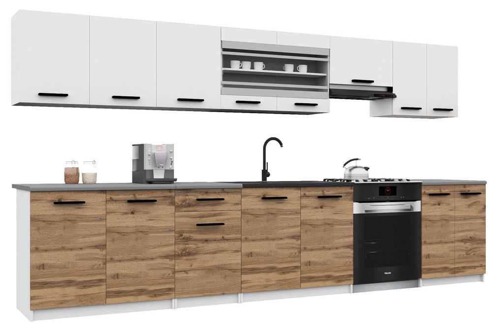 Belini Moderne Küchenzeile Küchenblock ITALIA 3 - Küchenmöbel 320cm Weiß-Goldbraun Matt - Einbauküche mit Hängeschränke, Unterschränke & A...