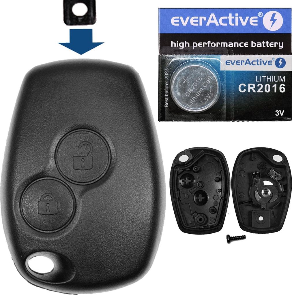 Auto Schlüssel Funk Fernbedienung 1x Gehäuse 2 Tasten + 2X Batteriespangen + 1x CR2016 Batterie kompatibel mit Renault/Dacia/Opel