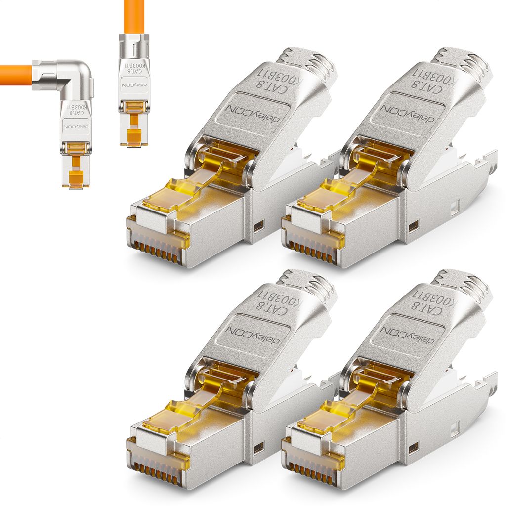 deleyCON 4x CAT 8 Netzwerkstecker 90° Winkel Stecker RJ45 Werkzeuglos Geschirmt 40Gbit/s Netzwerk Stecker für Rohkabel Verlegekabel Steckverbinde...