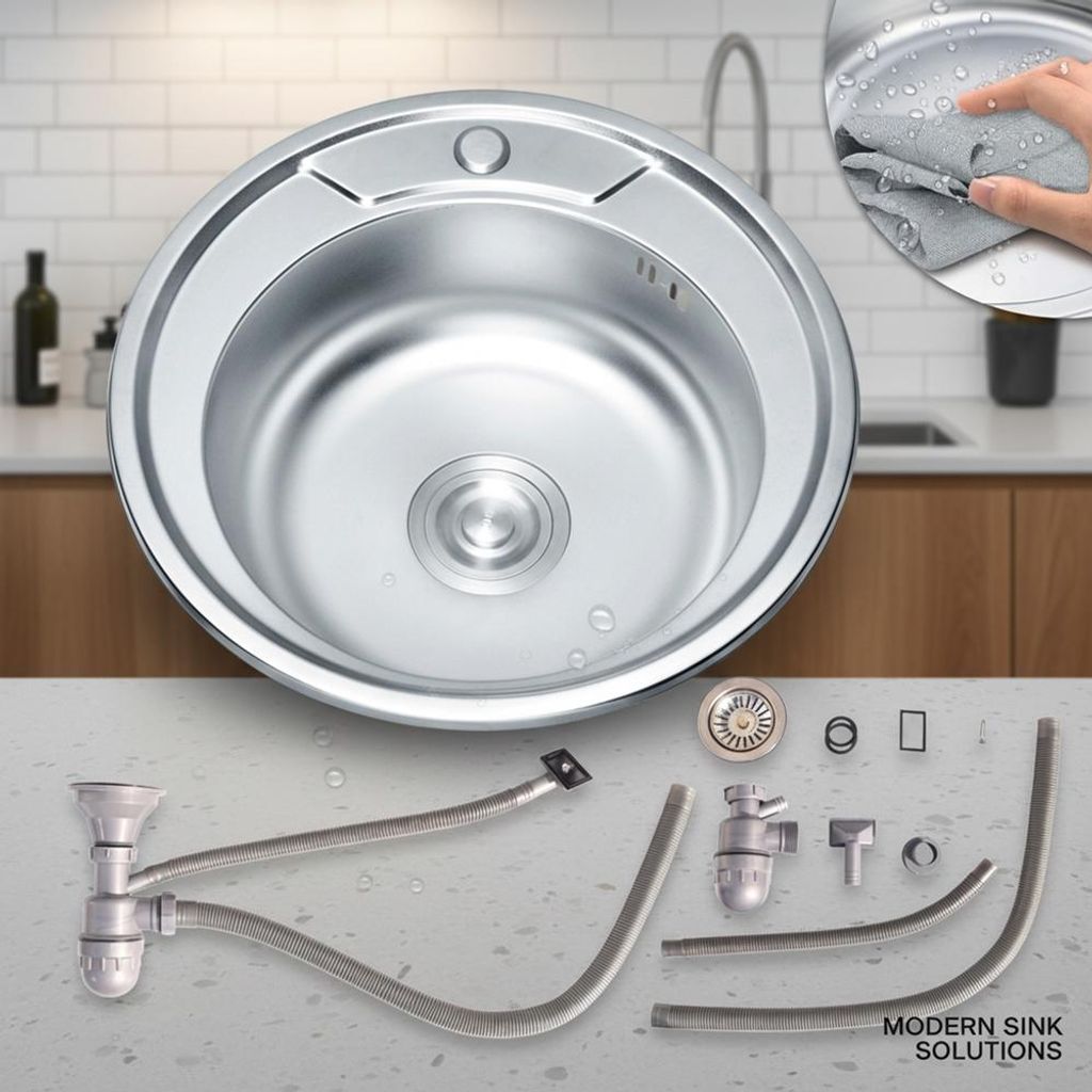 Runde Einbauspüle Edelstahl 50 cm mit Ablage, Siphon & Produktbild 