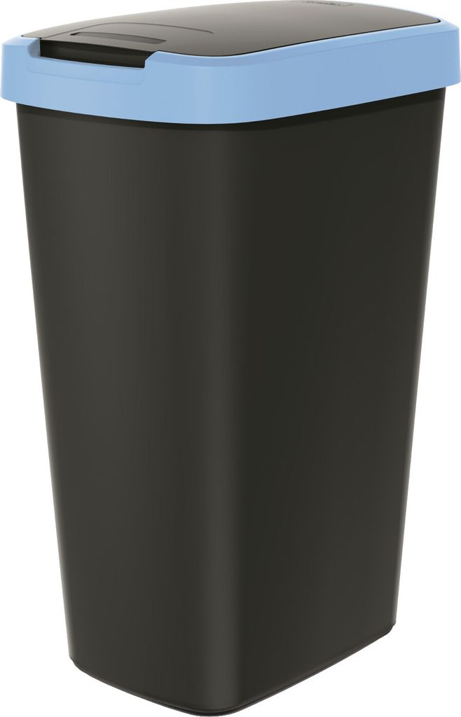 A black trash can with a light blue lid and rim, shown against a white background.