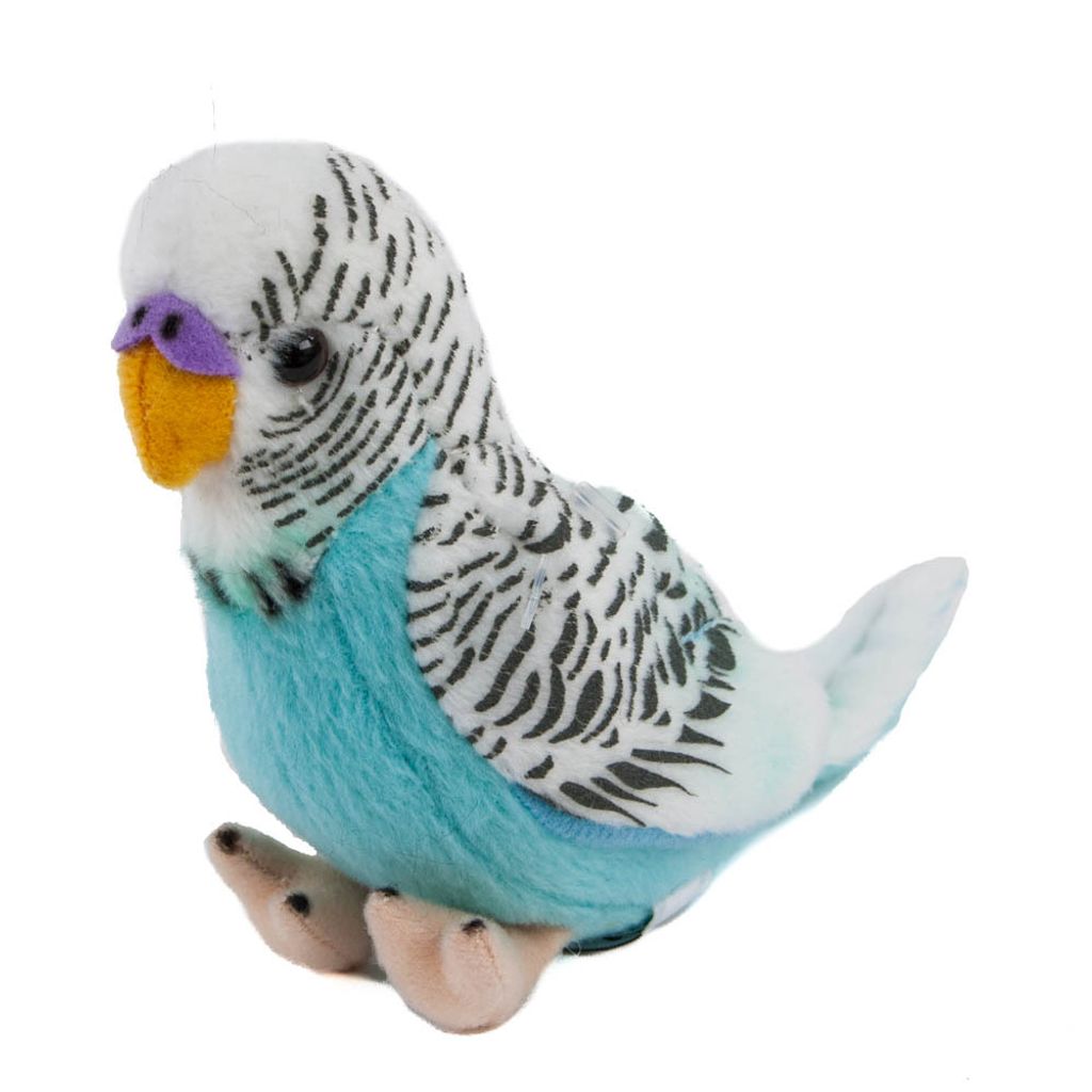 A plush toy budgie is shown against a white background.