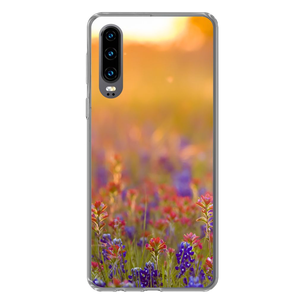 MuchoWow Handyhülle Schutzhülle Hülle für Huawei P30 Blumen - Gold - Sonne Silikon Softcase Handy Hülle - Kartenbesitzer