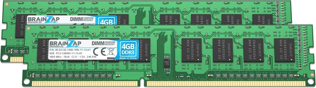 BRAINZAP 8GB DDR3 RAM DIMM PC3-12800U-11-13-A1 1Rx8 1600 MHz 1.5V CL11 Computer PC Arbeitsspeicher (2x 4GB)