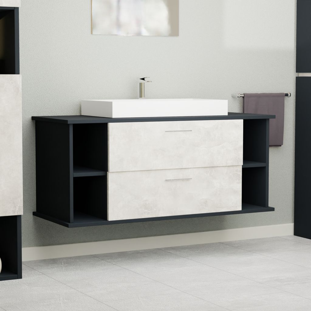 Garlivo Waschbeckenunterschrank GLA-120 Beton mit Schubladen, Badezimmer Waschtischunterschrank hängend , Breite 120 cm, Soft-Close, Push-to-Open/...