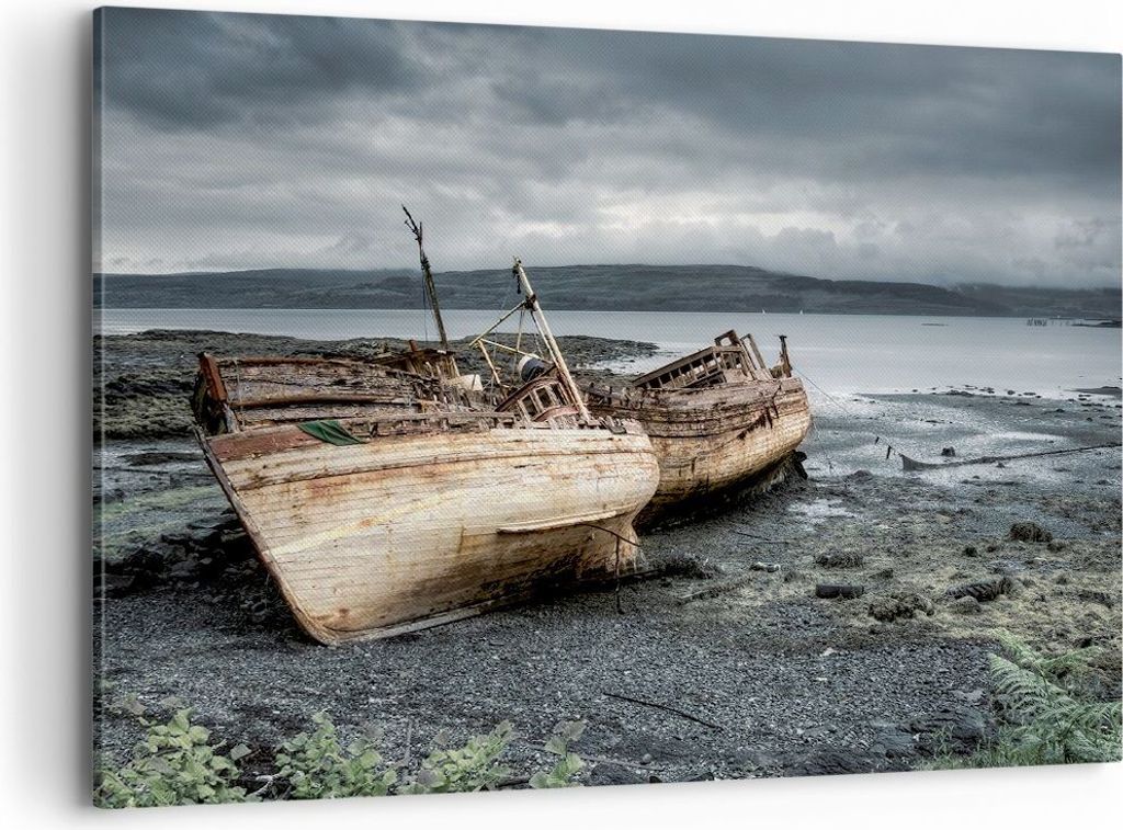 Bild auf Leinwand - Leinwandbild - Boot Wrack Ufer - 100x70cm - Wand Bild - Wanddeko - Wandbilder - Leinwanddruck - Bilder - Kunstdruck - Wanddekor...