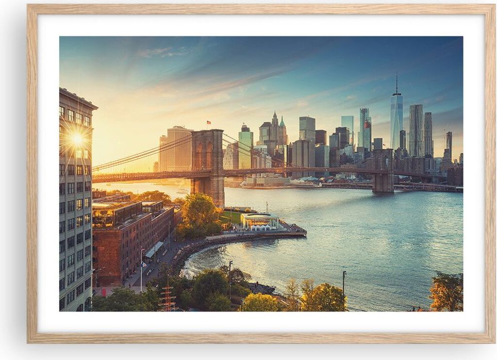 Gerahmtes Poster - Rahmen in heller Eiche - New York Brücke - 70x50 cm - Wand Bild - Wanddeko - Wandbilder - Kunstposter - Wandposter - Bilderrahm...