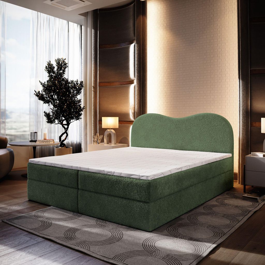 Masseno Boxspringbett FLUVIA N 160x200 cm Komplett-Set mit Bonell Matratze und Topper, Polsterbett mit Bettkästen -Grün, NOW OR NEVER 37