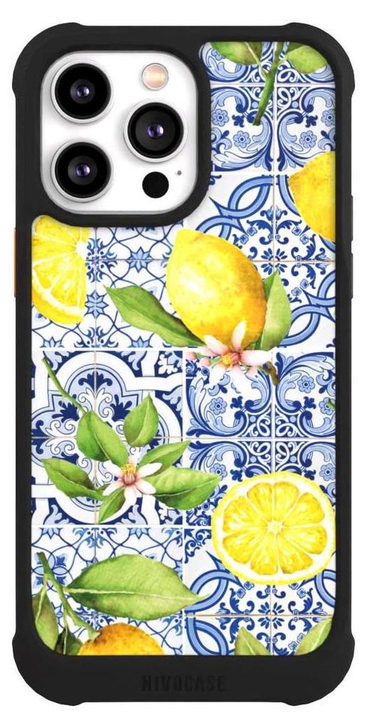 NIVOCASE Hülle für Apple iPhone 14 Pro Max Stoßfeste Handyhülle NIVOmax Case Schwarz Griechenland Muster Zitrone