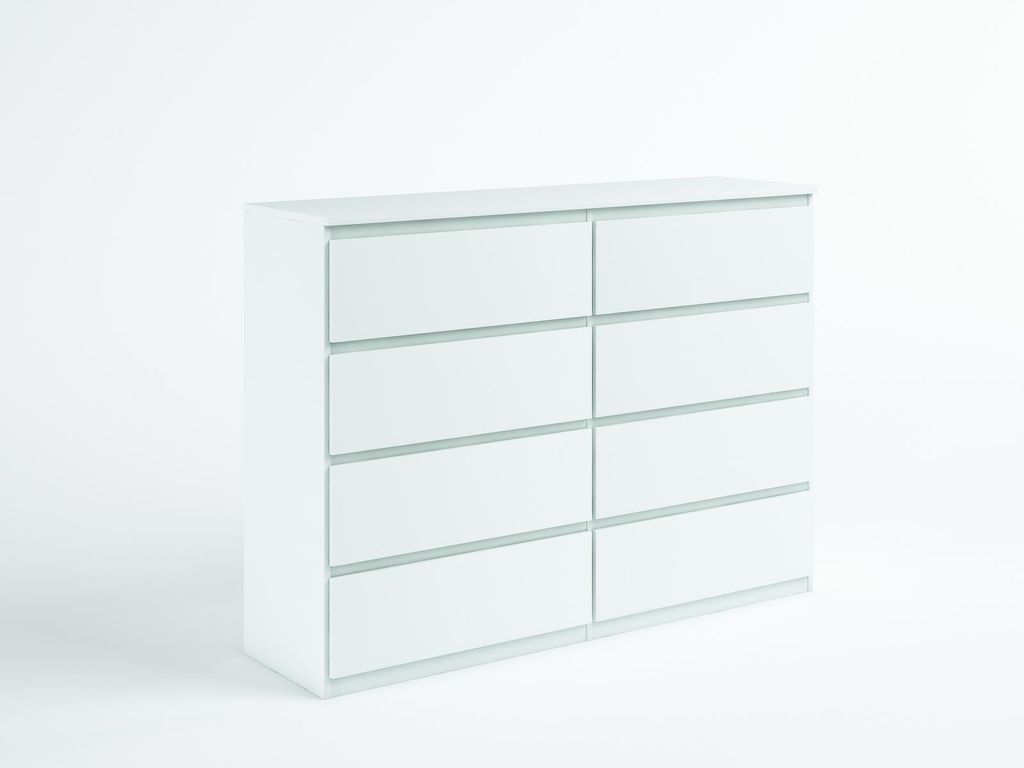 Masseno Kommode NUDO 138,5 cm Sideboard mit 8 Schubladen und Türen für Wohnzimmer Schlafzimmer Modern 138,5x39x101,5 cm Weiß / Weiß