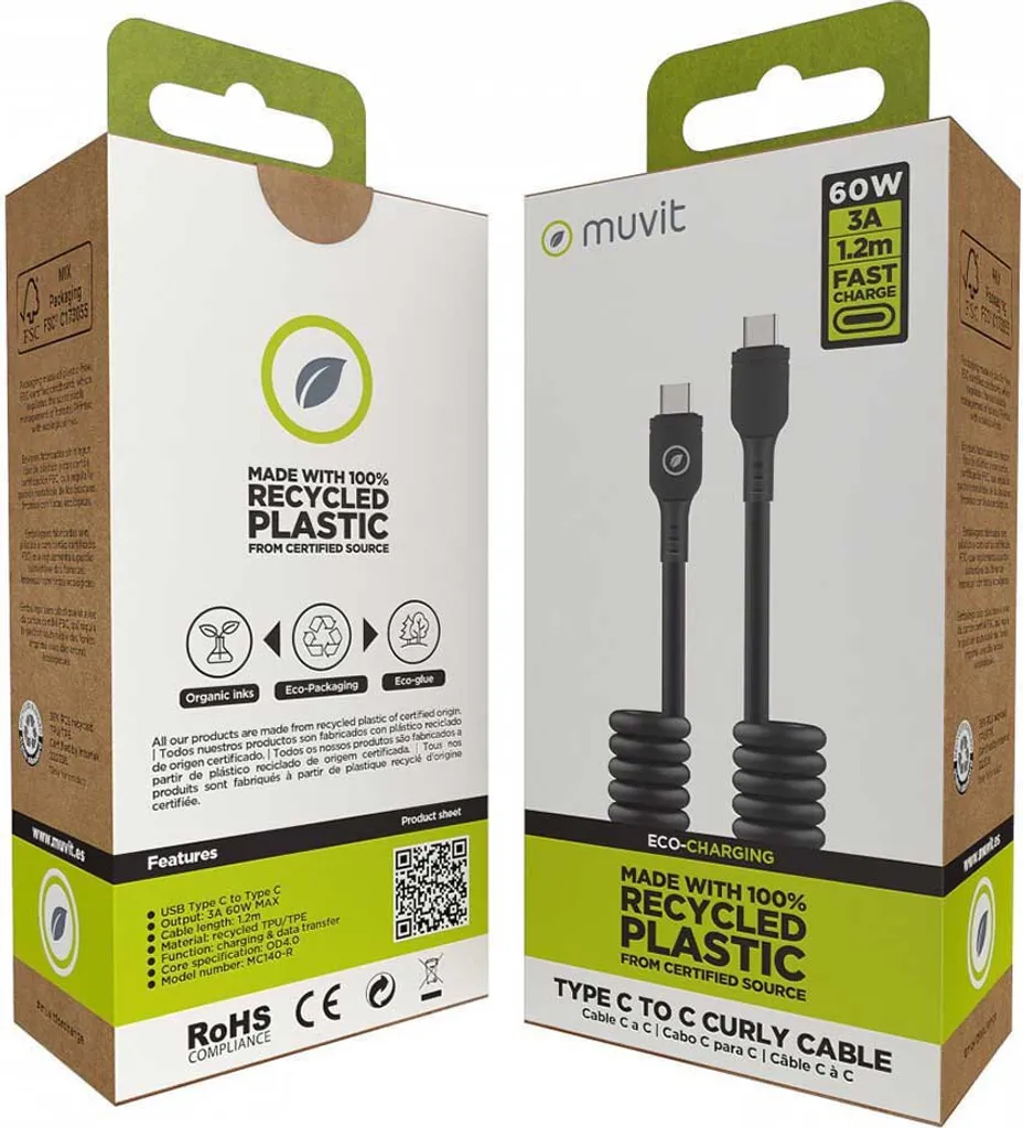 Muvit For Change 3a/60w 1,2 M Cavo da Usb-c a Usb-c nero Nero Taglia unica - 6