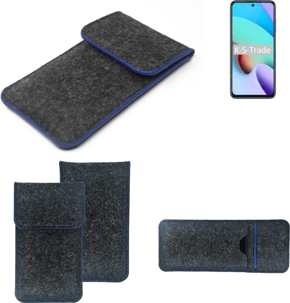 K-S-Trade Handy-Hülle Schutz-Hülle kompatibel mit Xiaomi Redmi 10 2022 Filztasche Pouch Tasche Case Sleeve Filzhülle dunkelgrau, blauer Rand