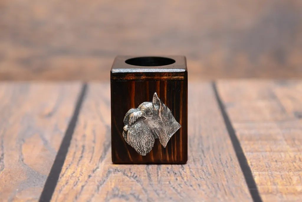 Schnauzer Knírač Portacandele Art-Dog: Statuetta Argentata e Legno - 4