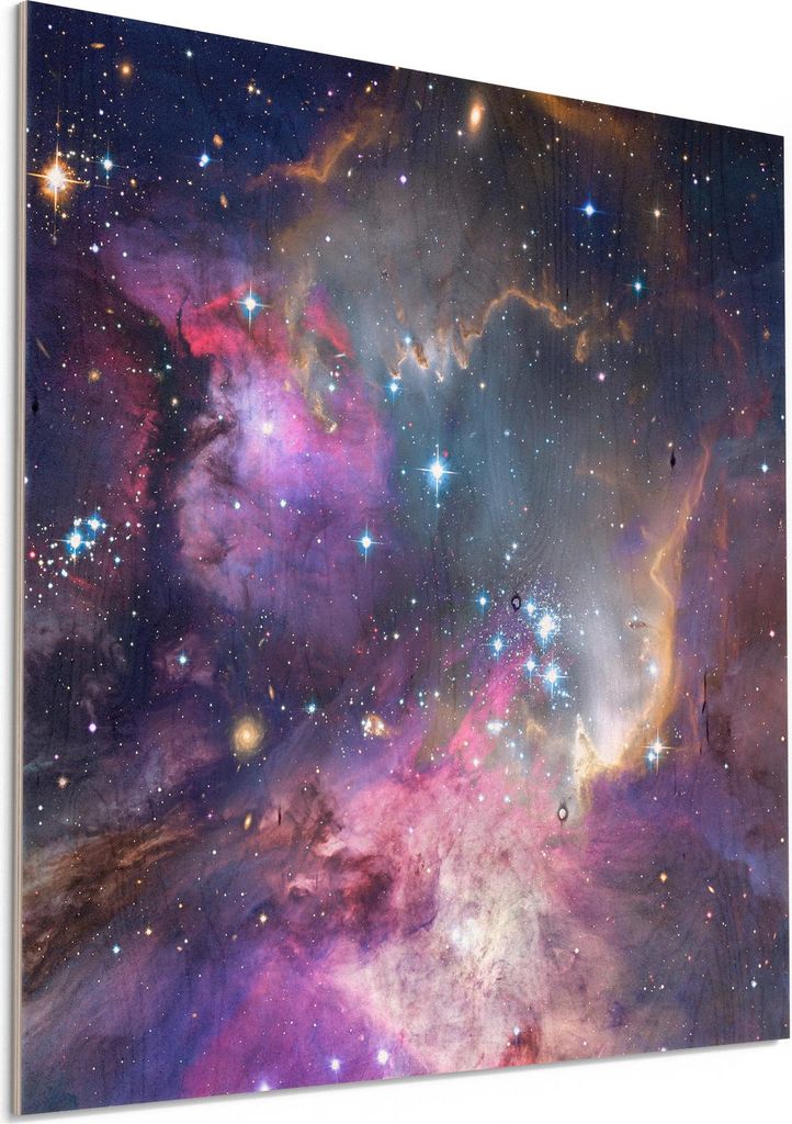 DEQORI Holzbild 50x50 cm 'Farbenfrohe Galaxie' Bild auf Holz Wandbild Kunstdruck
