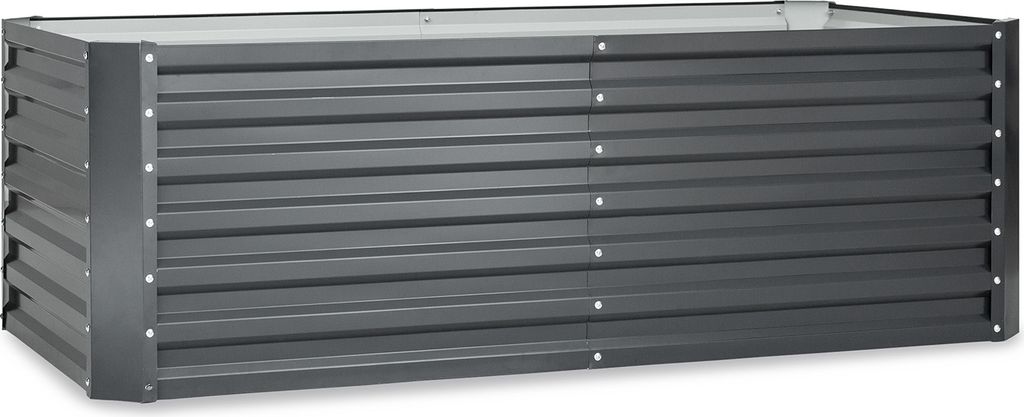 A dark gray metal raised garden bed is shown from a slightly elevated, front-facing angle against a white background.