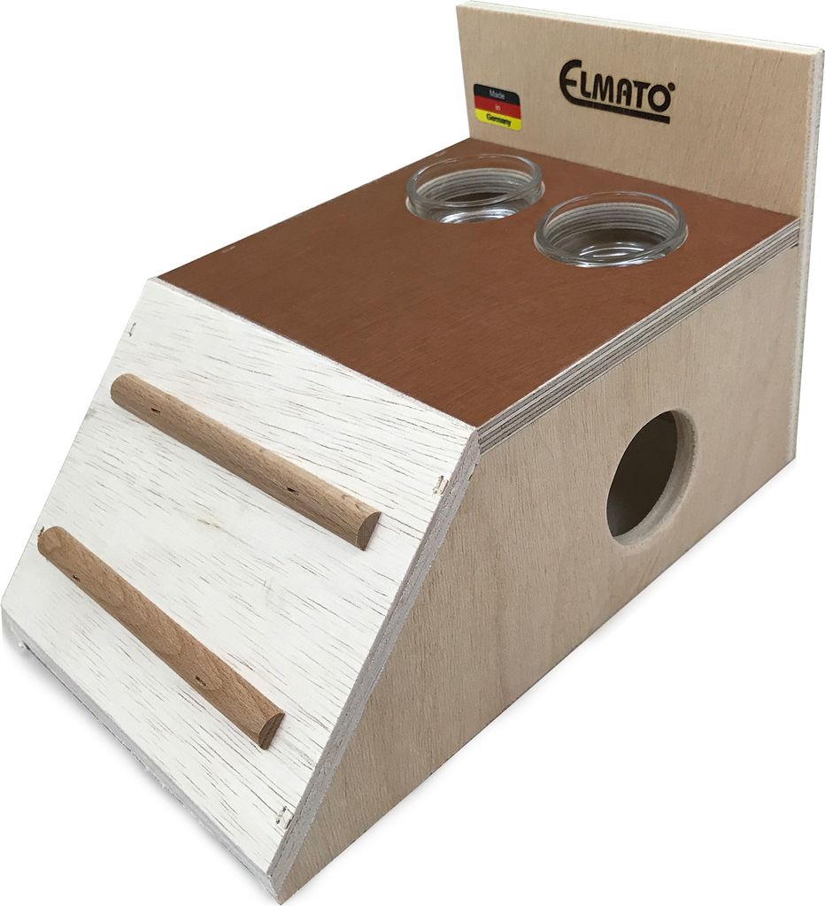 Elmato 12847 Snackbar Nagerhaus mit Futterplatz, inkl. 2 Glaßnäpfe, 25x15x10cm