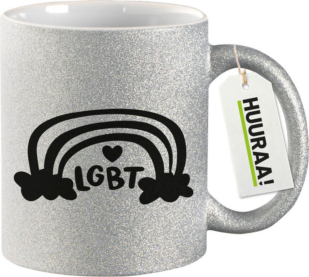 Huuraa Glitzertasse LGBT Regenbogen Herz 330ml Silber Keramik Kaffeebecher Geschenkidee