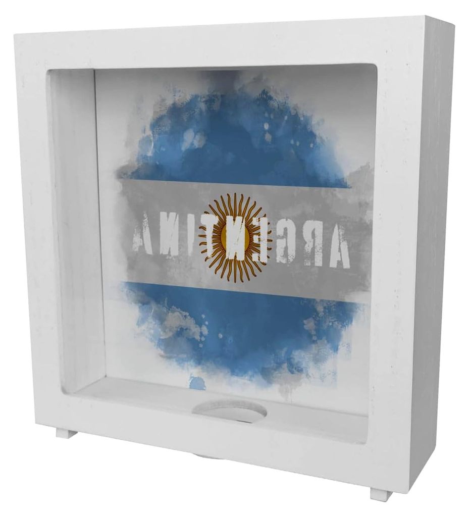 Holz-Spardose mit Argentinien-Flagge im Used Look - Sparschwein für Reisende