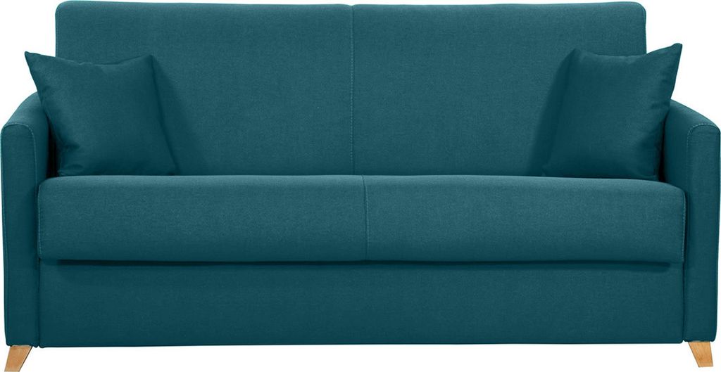 Miliboo - Skandinavische Schlafcouch entenblau aus hellem Holz mit Matratze 18 cm 3-Sitzer SKANDY