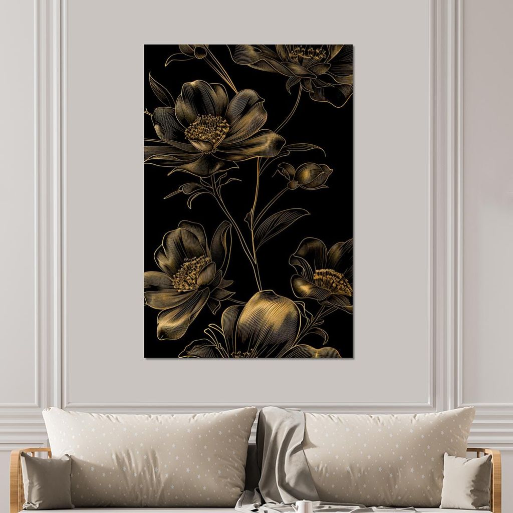 MuchoWow Wanddekoration Metall Metallbild Wandkunst 100x150 cm Blumen - Schwarz - Gold - Strichzeichnung MuchoWow Aluminium Gemälde - Bild