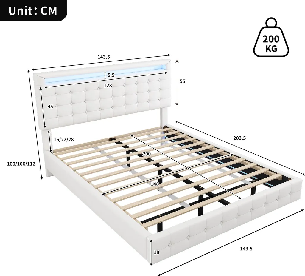 Lit Double 140x200 Blanc MODFU avec Tête de Lit Ergonomique Réglable