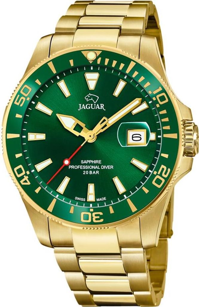 A close-up studio shot of a gold and green Jaguar watch.