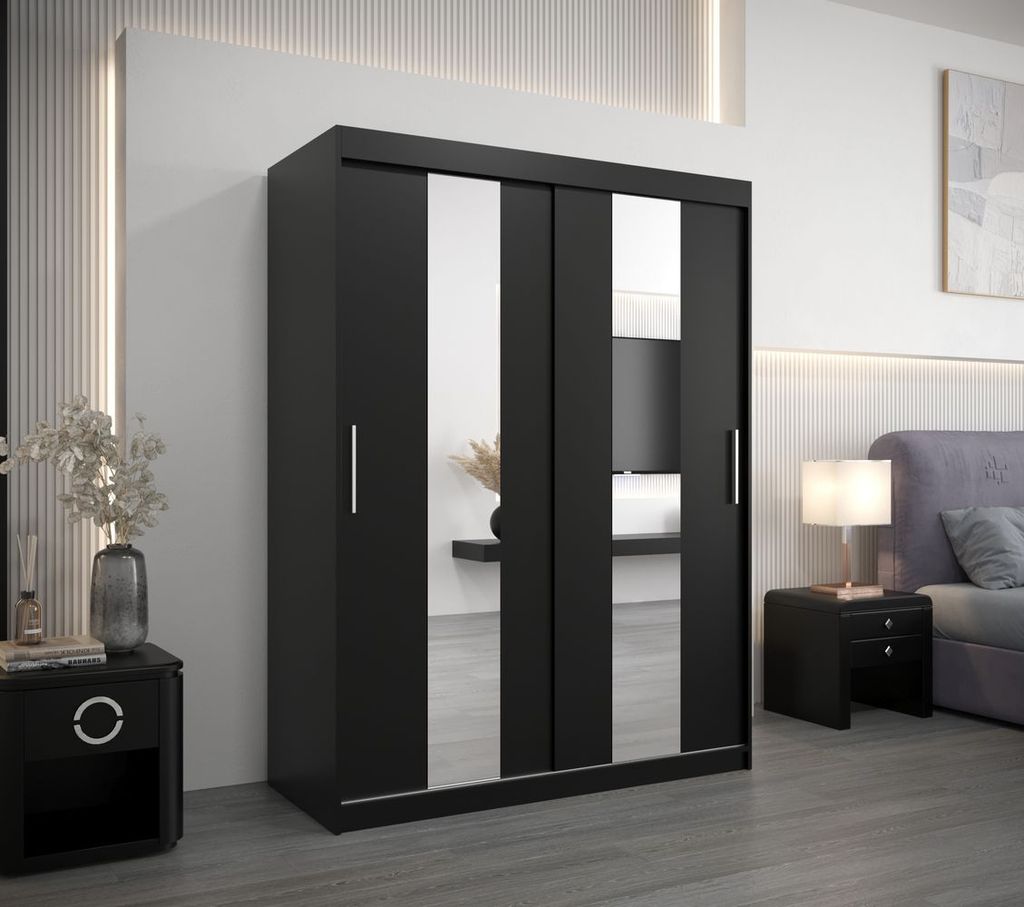 Kleiderschrank mit Spiegeln MARGARET – Breite 150 cm, schwarz