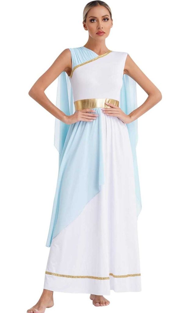 A woman wearing a Greek goddess costume.