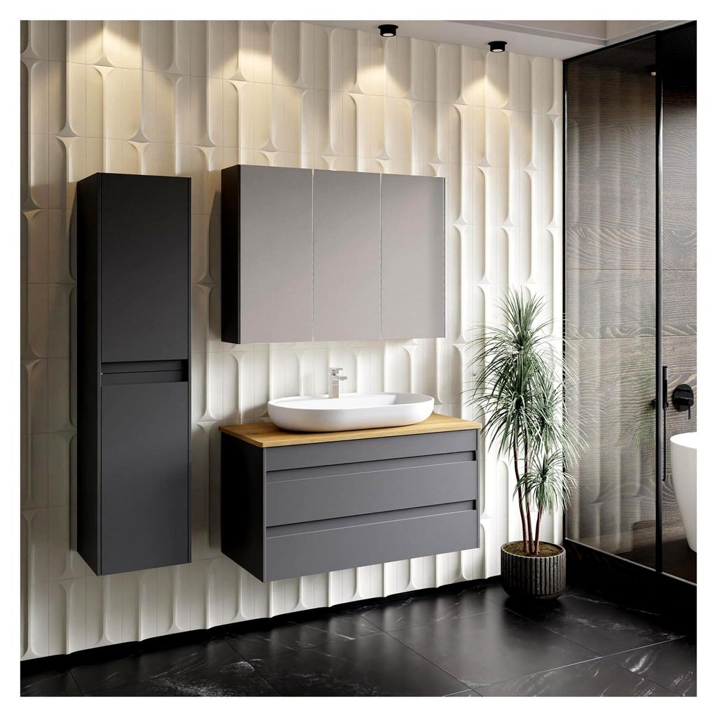 Badezimmermöbel Set Lara Konsole 100 Anthrazit | Keramikwaschbecken | Unterschrank | Spiegelschrank | Softclose-Schubladen und -Türen | Moderner ...
