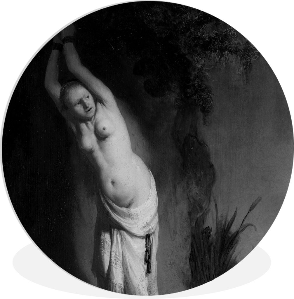 MuchoWow Rundes Wandbild - Runde Bilder Andromeda an den Felsen gekettet - Gemälde von Rembrandt van Rijn - Schwarz-Weiß Ø 30 cm Kreis Wanddek...