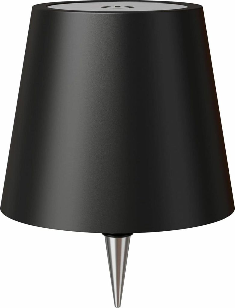 A black cone-shaped lamp with a silver spike base, isolated on a white background.