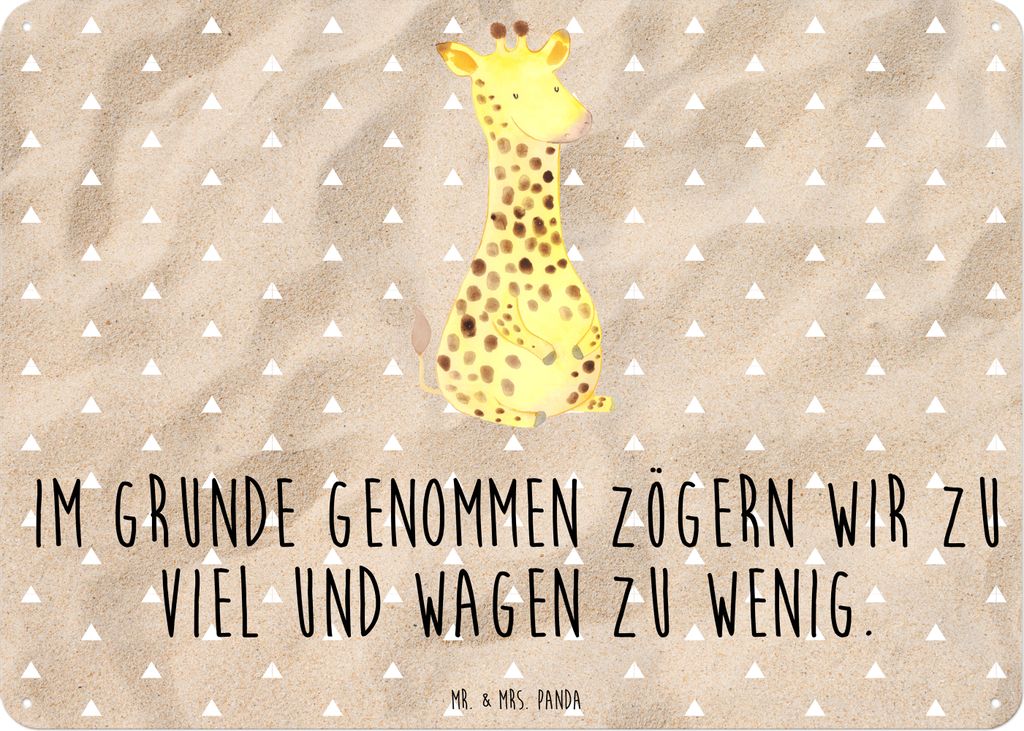 Mr. & Mrs. Panda Schild Giraffe Zufrieden DIN A6 - Sandig - Geschenk, Afrika, Türschild, tafel, wandtafel, Glück, Blechschild, Abenteuer, Wandbild