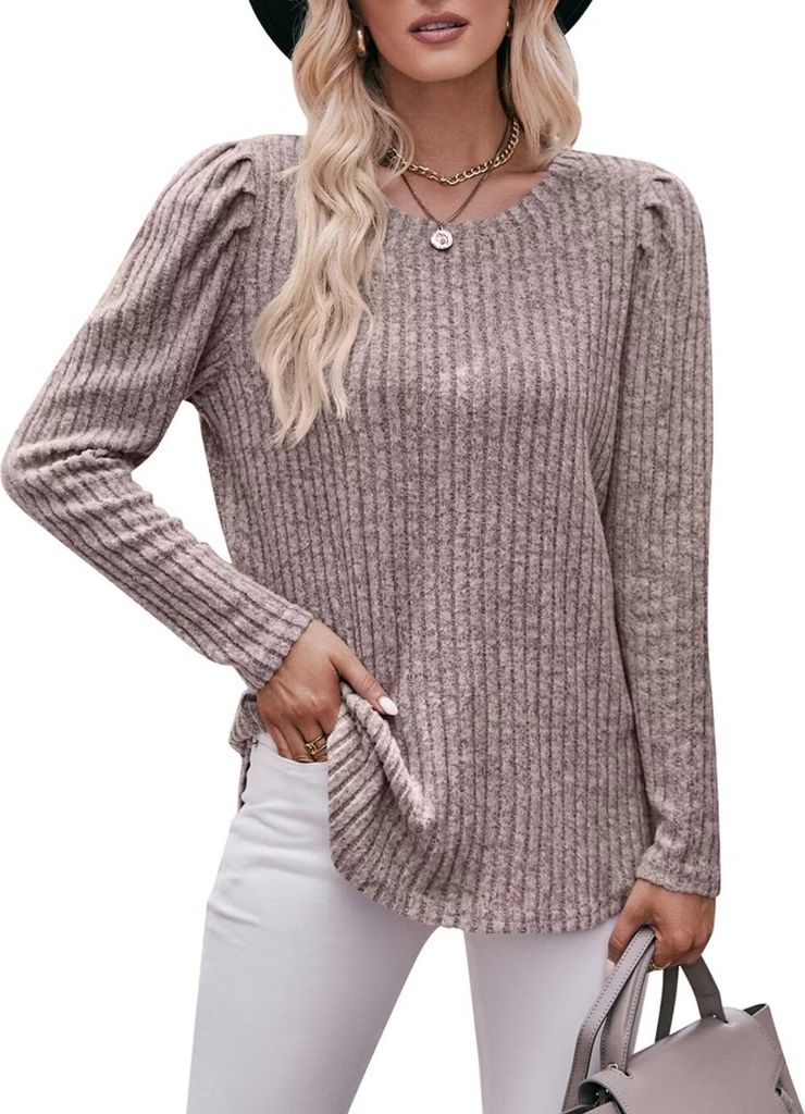 ASKSA Damen Langarmshirt Rundhals Rippstrick Casual Elegant Strickpullover Tunika Tops Pullover, Haferflocken, M