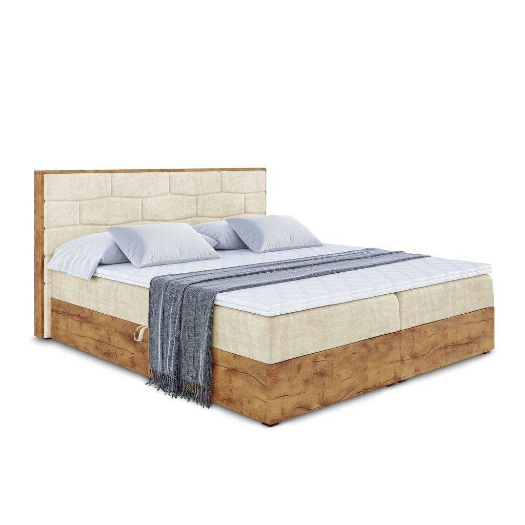 ALTDECOR Boxspringbett LOLLI8 mit H3-Matratze + Topper, Kopfteil und Holz-Bettkasten - 120x200 - Beige Samt
