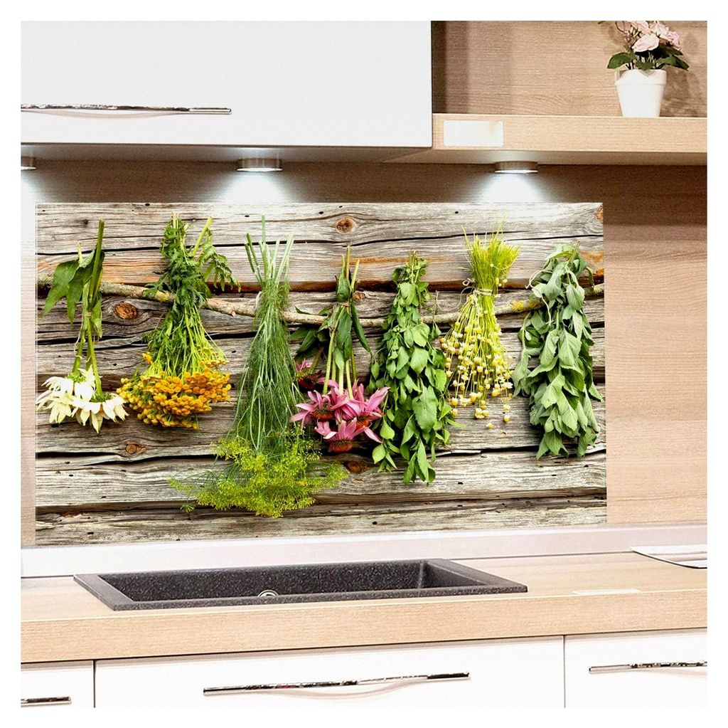 Spritzschutz aus Glas für die Küche, Motiv Küchenkräuter, Küchenrückwand aus Glas, Herdblende Rückwand Küche, 4mm ESG Glas 80x50cm