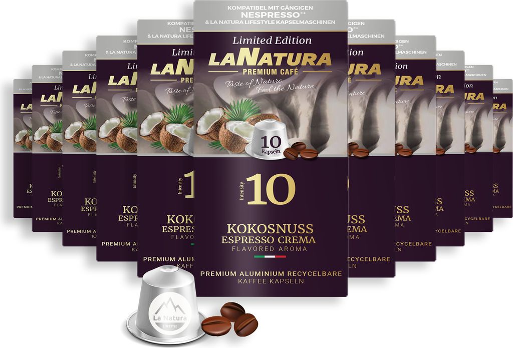 Kokosnuss Espresso Crema Premium Kaffee - 110 Kaffeekapseln | La Natura Lifestyle Organic 616g| biobasiert | Nespresso *³ kompatible