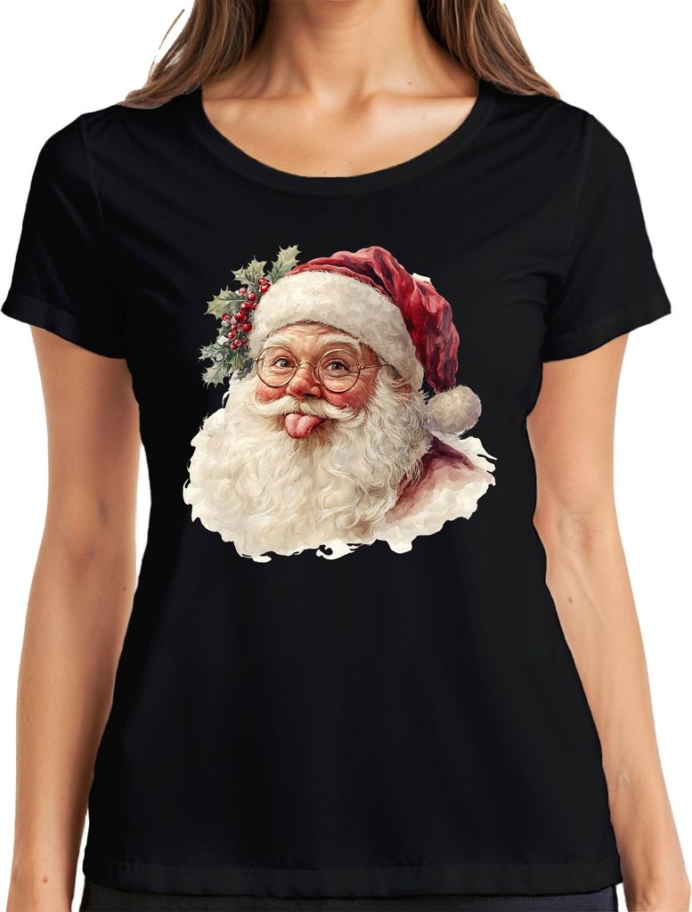 Weihnachtsmann Zunge raus Brille Stechpalme Lustig Aquarell Damen T-Shirt, Schwarz, XL