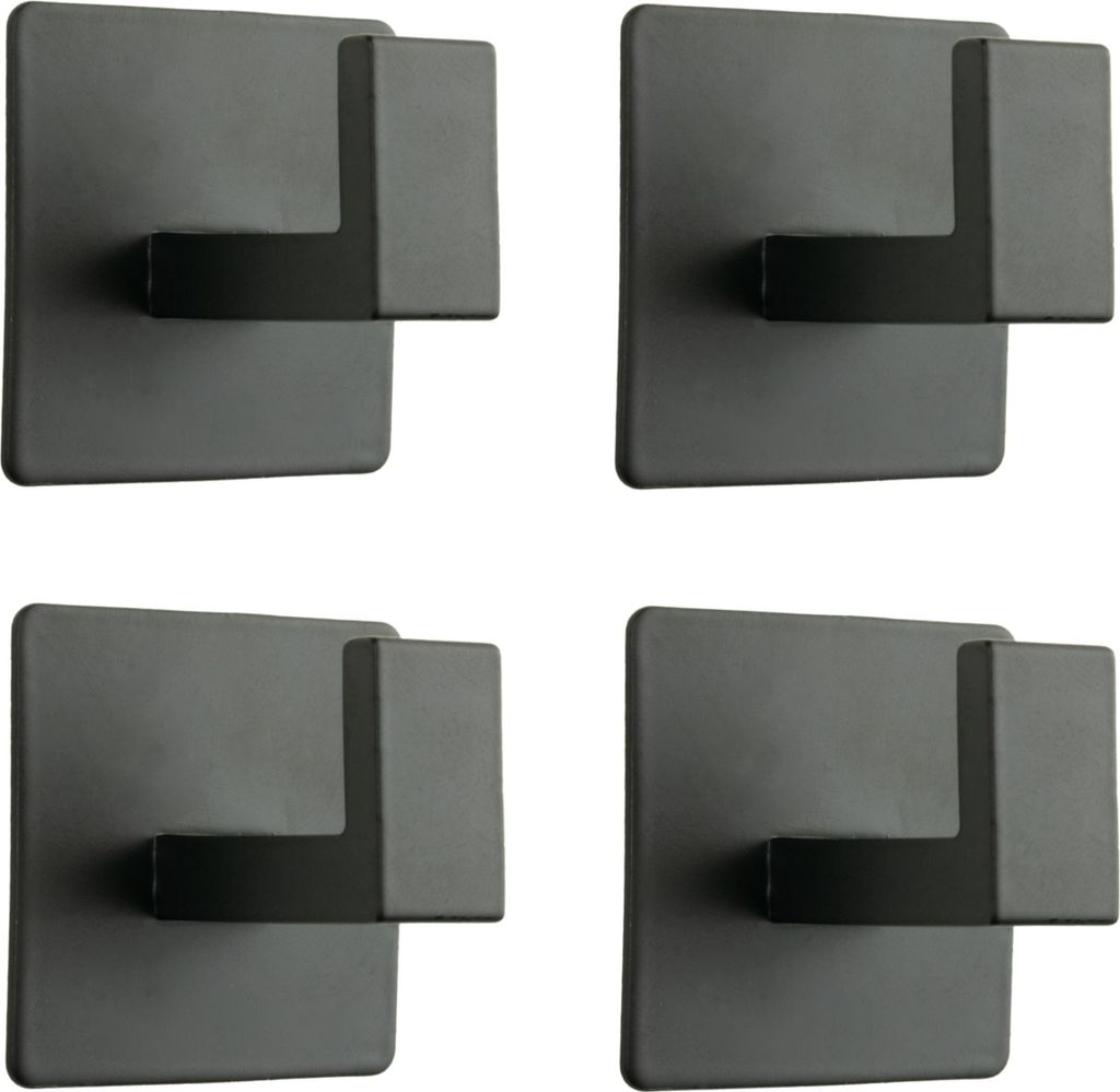 Elegantes Set von 4 mattschwarzen, selbstklebenden Metallhaken für das Bad – moderne und funktionale Aufhänger für Handtücher und Accessoires.