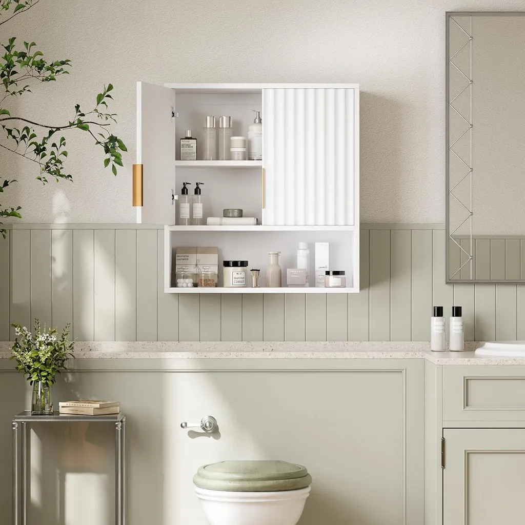 Meuble de salle de bain mural blanc avec compartiment ouvert et portes - 8