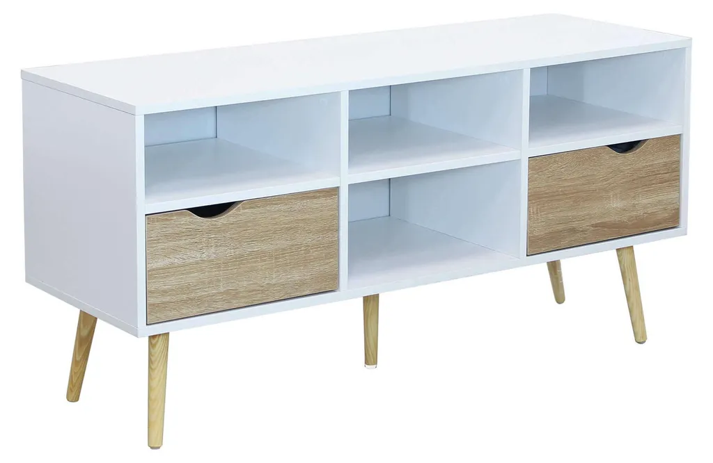 Meuble TV en bois ADRIEN avec 2 tiroirs et 4 étagères de rangement chic