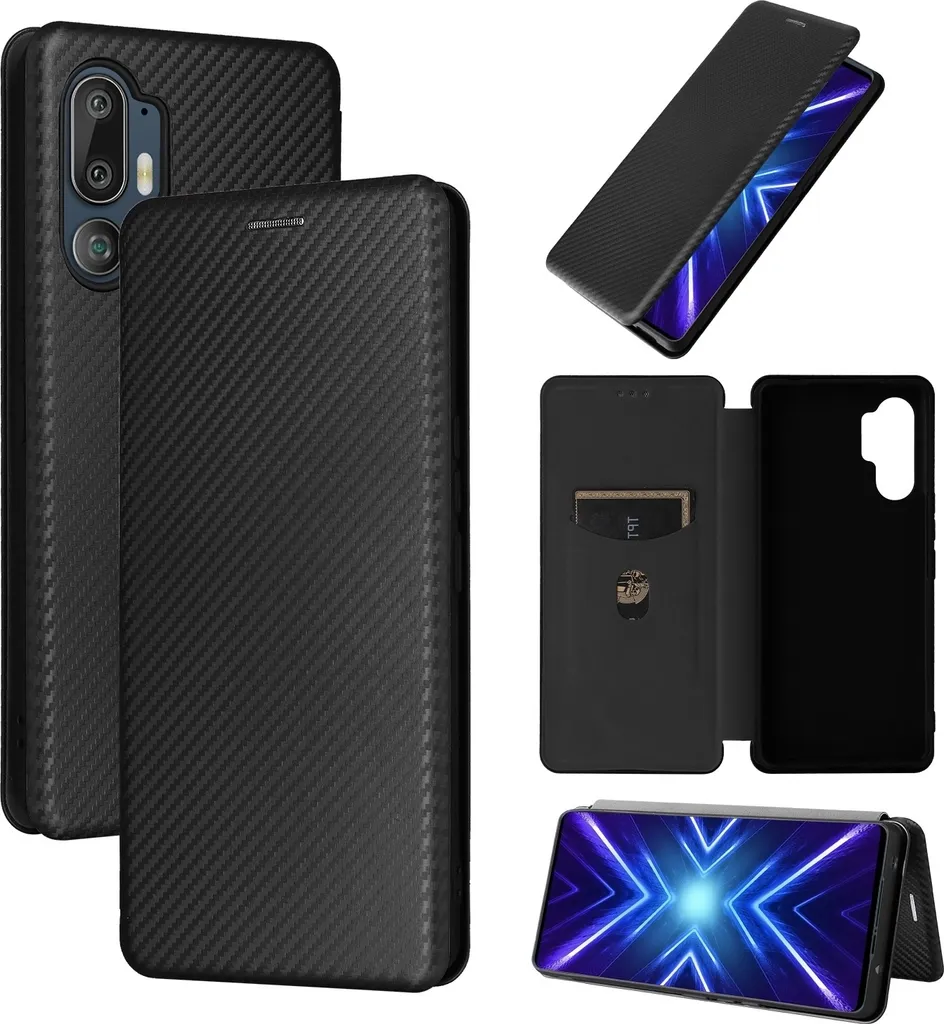 Per HTC U24 Pro Flip Book Wallet Case Copertura in Similcuoio texture carbonio nero
