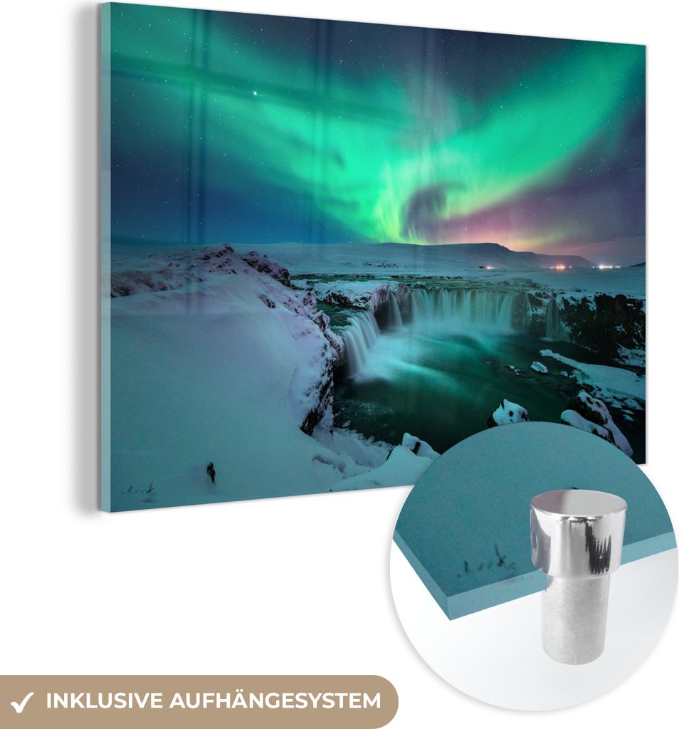 MuchoWow Glasbilder - Bilder auf Wandbild - Foto auf Glas Nordlichter - Schnee - Natur - Island 120x80 cm Wanddekoration aus Glas - Acrylglasbild -...