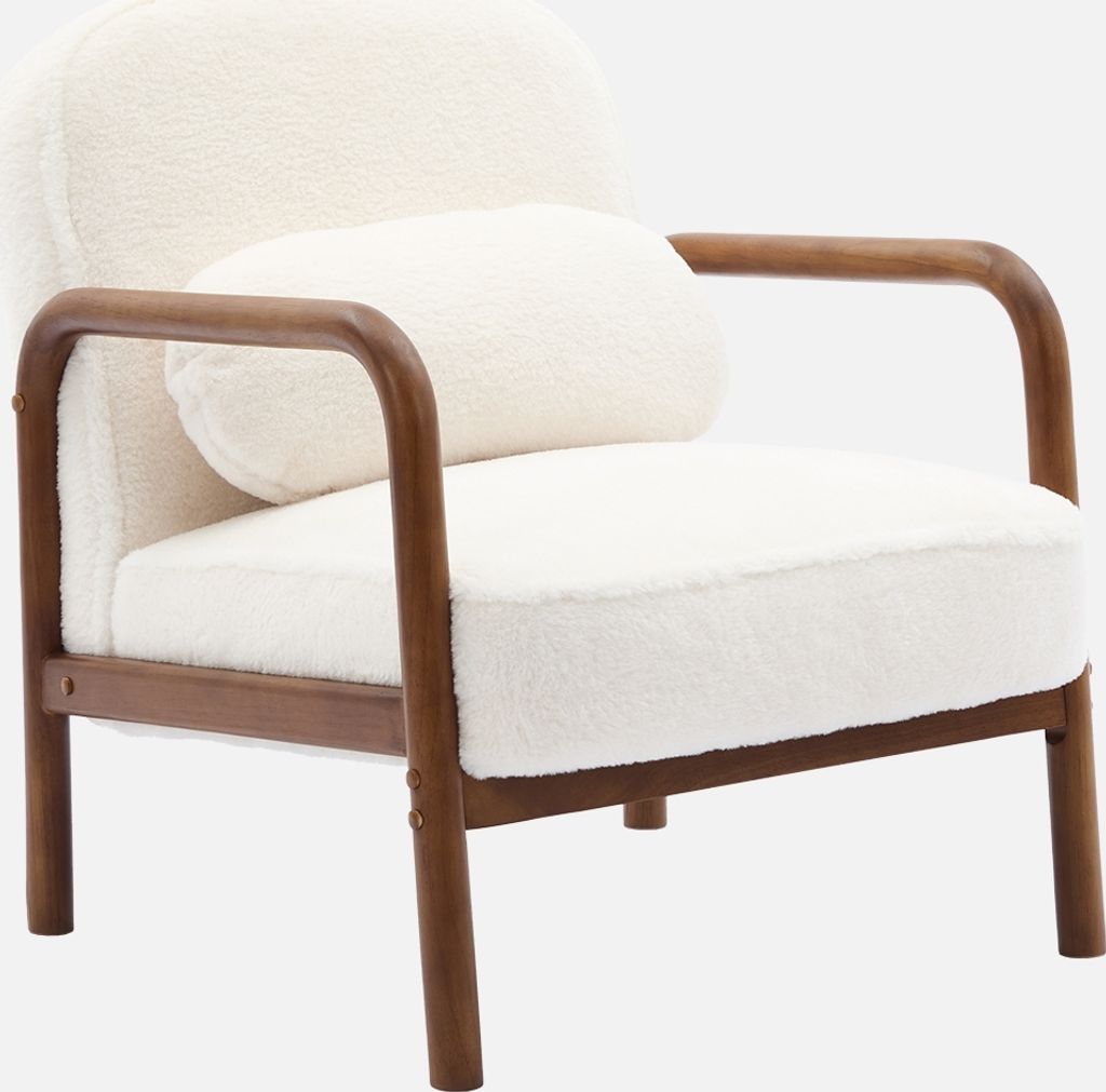 A cream-colored armchair with a wood frame.