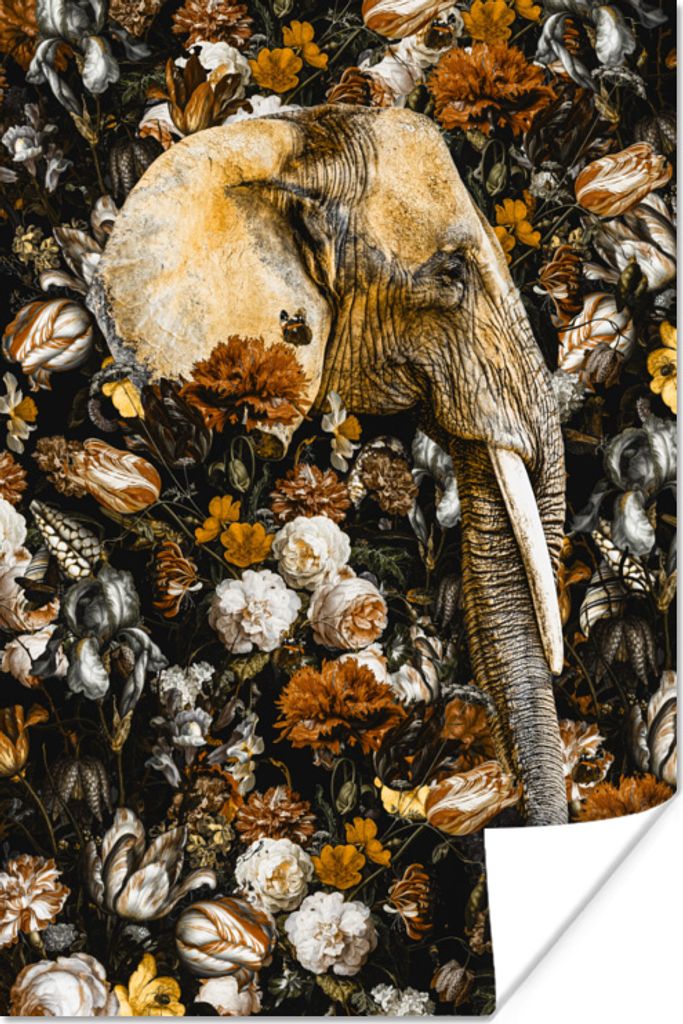 MuchoWow Poster Elefant - Blumen - Braun 80x120 cm - Papierdruck