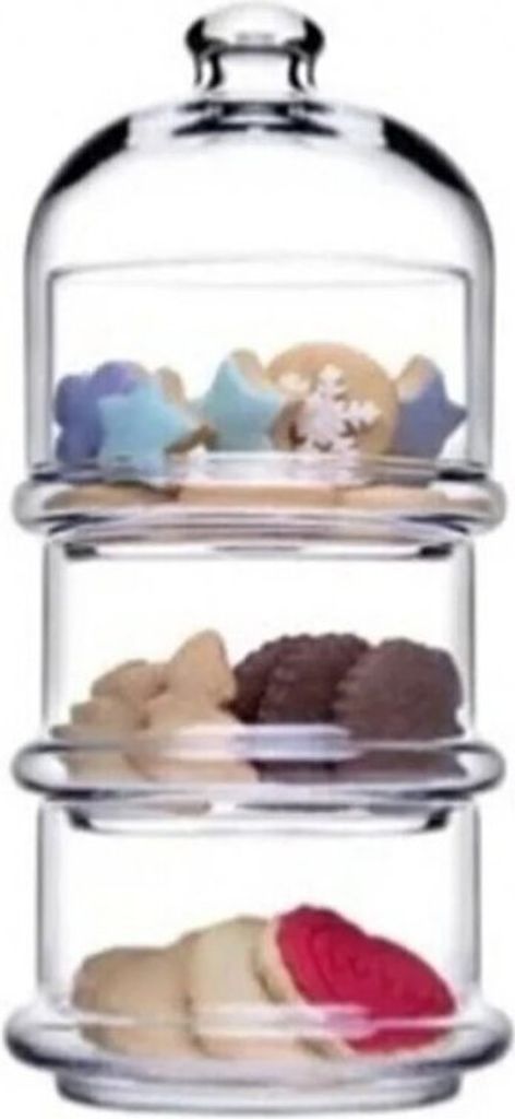 PASABAHCE Patisserie Basic Set 3 stapelbare Behälter mit Kuppel, Glas, Transparent